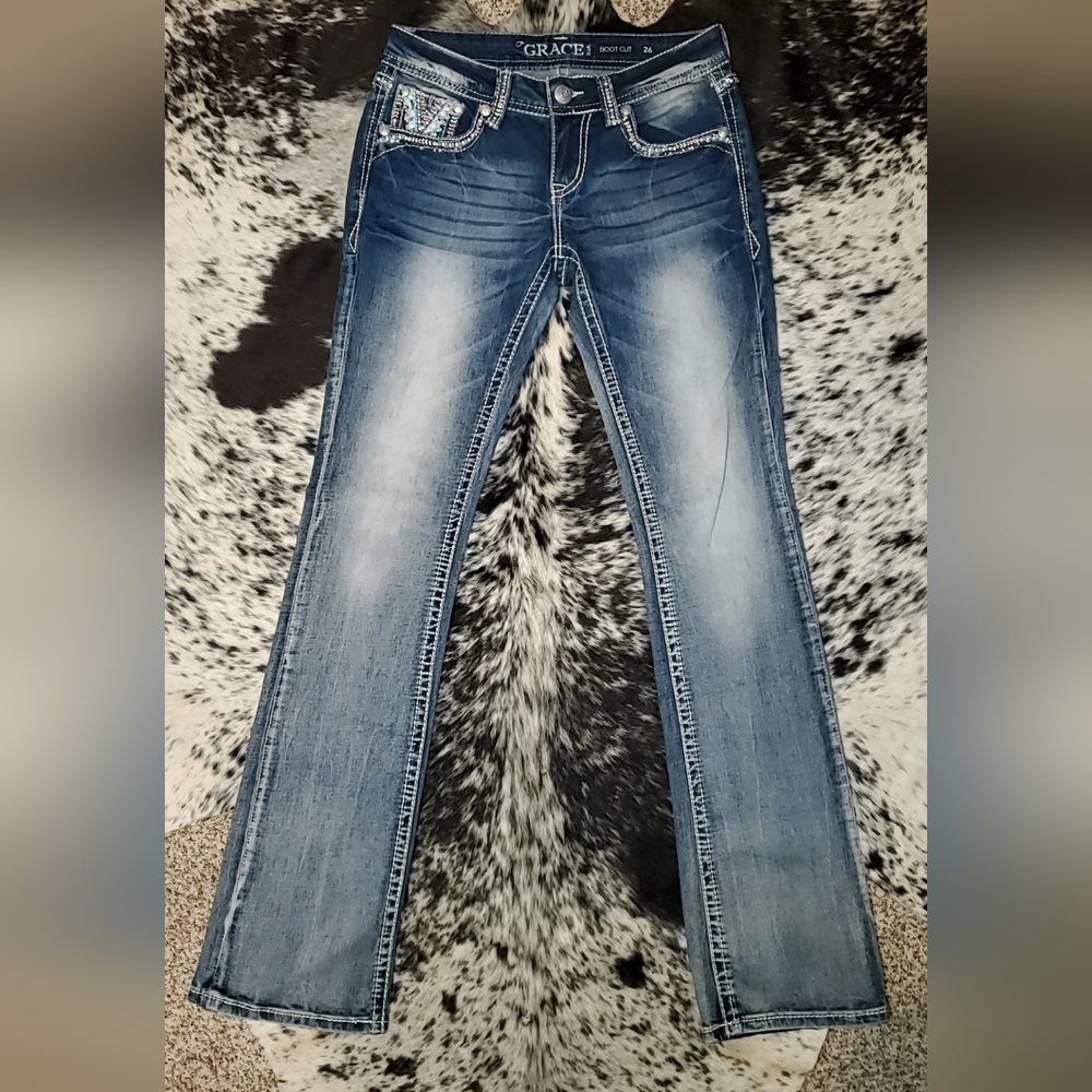 Grace in LA Women's Faded Blue Boot Cut Jeans